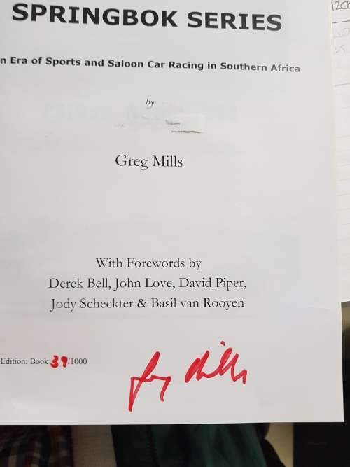 MOTORING RACING BOOK, SPRINGBOK SERIES SIGNED COPY GREG MILLS