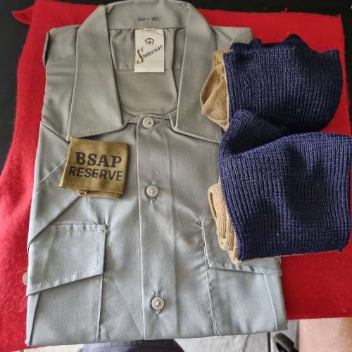 RHODESIA, BSAP GREY SHORT SLEEVED SHIRT SIZE 42 OR 16  1/2 plus TWO PAIRS BLUE TOP SOCKS AND PR RANK