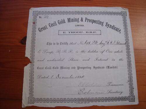 GREAT CECIL GOLD MINING & PROSPECTING SYNDICATE - SHARE CERTIFICATE 1890
