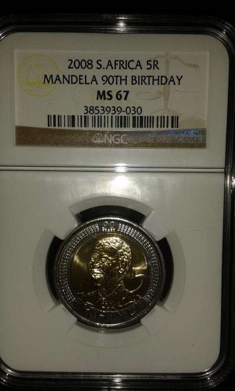 CELEBRATE MANDELA DAY!RARE HIGH VALUE GRADED MS67 2008 MANDELA R5 COIN