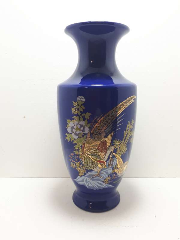 Vintage Cobalt Blue Japanese Vase With Golden Peacocks/Flowers