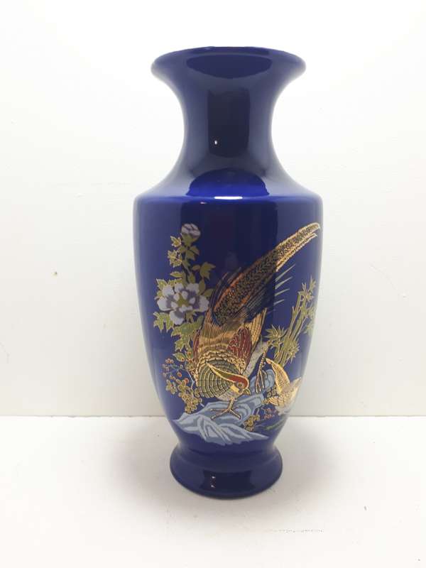 Vintage Cobalt Blue Japanese Vase With Golden Peacocks/Flowers