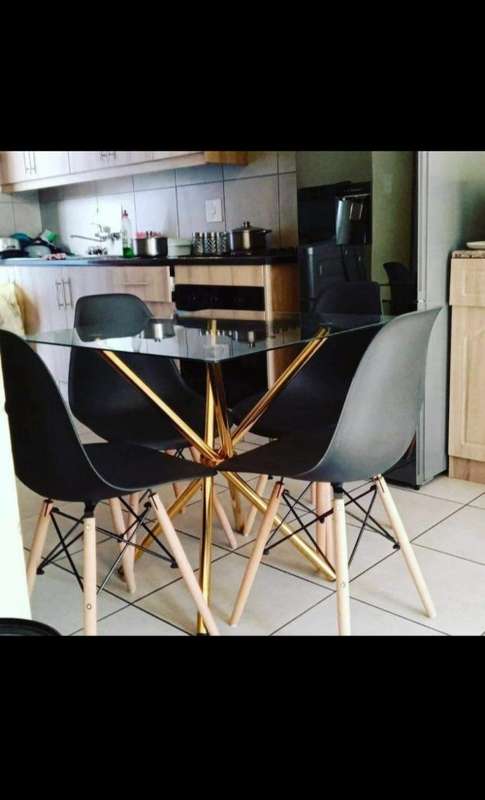 4 Black Wood legs chair with Square 4 seater table gold legs