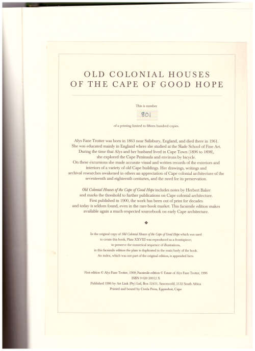 OLD COLONIAL HOUSES OF THE CAPE OF GOOD HOPE, LIMITED TO 1 500 COPIES