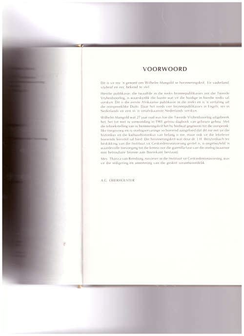 VIR VADERLAND, VRYHEID EN EER, WILHELM MANGOLD OORLOGSHERINNERINGE 1899-1902