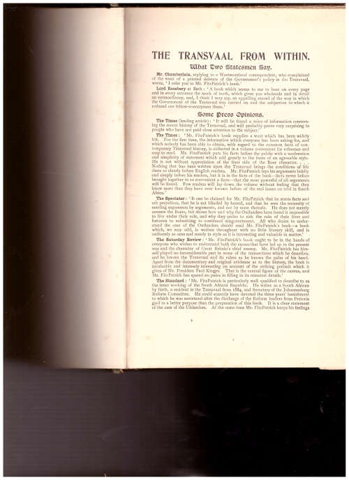 THE TRANSVAAL FROM WITHIN by J.P. FITZPATRICK 1899