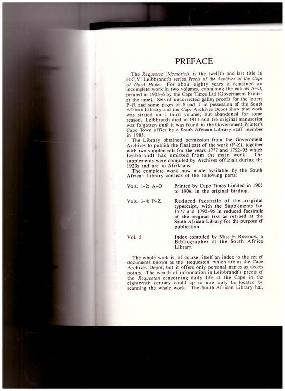 PRECIS OF THE ARCHIVES OF THE CAPE OF GOOD HOPE, REQUESTEN OR MEMORIALS INDEX VOL.V