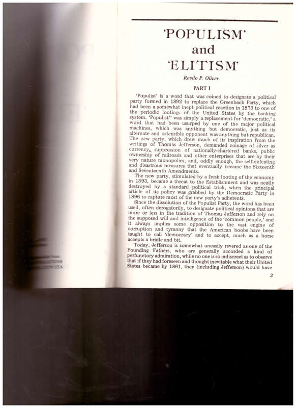 POPULISM AND ELITISM by REVILO P. OLIVER
