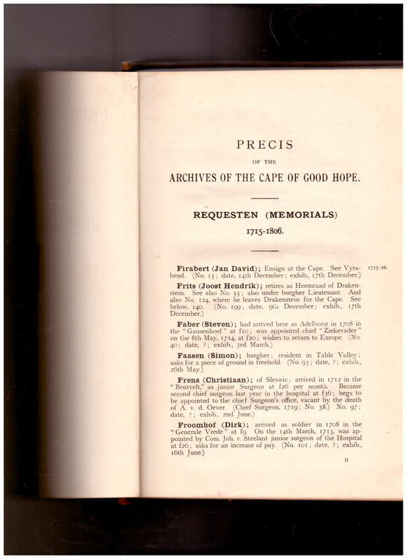PRECIS OF THE ARCHIVES OF THE CAPE OF GOOD HOPE, REQUESTEN OR MEMORIALS F-O VOL.II 1 ST ED. 1906