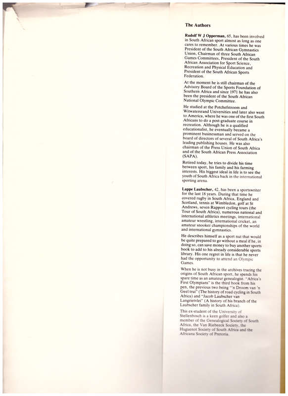AFRICA`S FIRST OLYMPIANS: THE STORY OF THE OLYMPIC MOVEMENT IN SOUTH AFRICA 1907-1987, LTD TO 500 CO