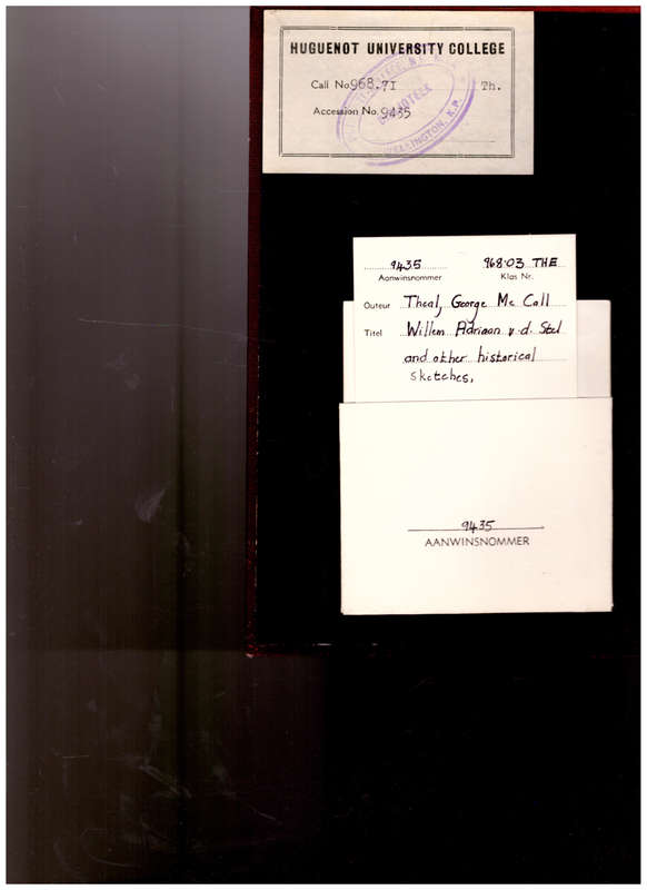 WILLEM ADRIAAN VAN DER STEL AND OTHER HISTORICAL SKETCHES by GEORGE McCALL THEAL