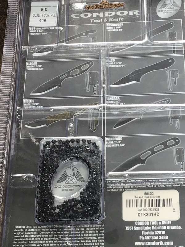 CONDOR BIRD AND TROUT NECK KNIFE CTK301HC WITH KYDEX SHEATH AND NECK BALL CHAIN