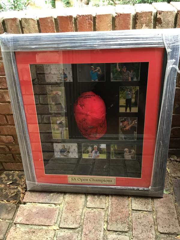 SOUTH AFRICAN OPEN CHAMPIONS BOX FRAMED PHOTOS AND SIGNED CAP FROM HALL OF FAME SUN CITY