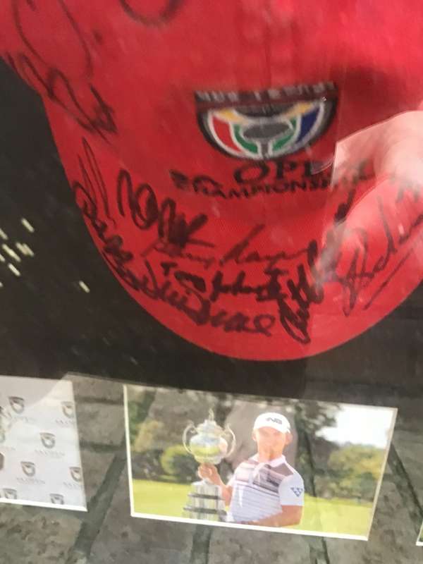 SOUTH AFRICAN OPEN CHAMPIONS BOX FRAMED PHOTOS AND SIGNED CAP FROM HALL OF FAME SUN CITY