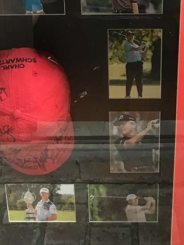 SOUTH AFRICAN OPEN CHAMPIONS BOX FRAMED PHOTOS AND SIGNED CAP FROM HALL OF FAME SUN CITY