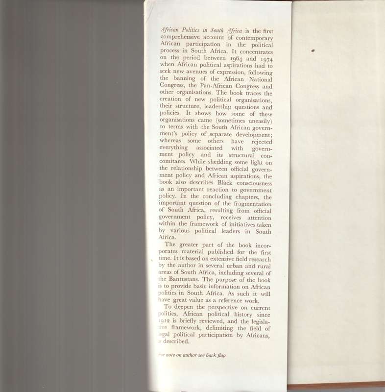 AFRICAN POLITICS IN SOUTH AFRICA 1964-1974 PARTIES AND ISSUES