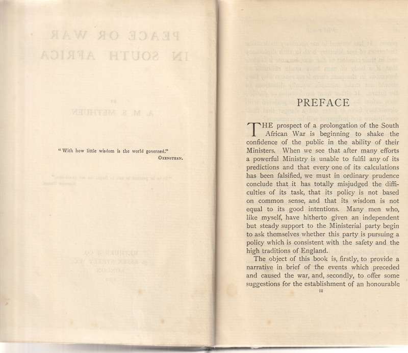 PEACE OR WAR by A.M.S METHUEN 1 st Ed. 1901