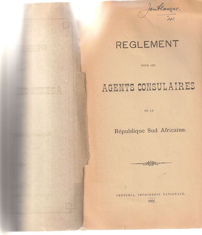 REGLEMENT POUR LES AGENTS CONSULAIRES DE LA REPUBLIQUE SUD AFRICAINE 1895