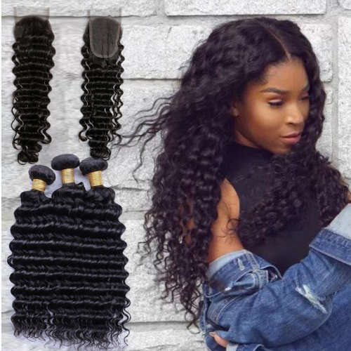 Brazilian Hair deep wave 300g with Lace Closure (3+1)