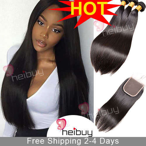 Peruvian Human Hair Straight 3 Bundles with Closure HEIBUY Hair