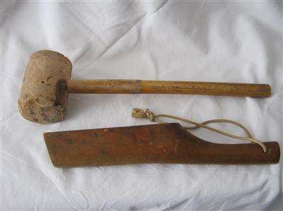 WOODEN MALLET WITH CANE HANDLE... SHEET METAL WOODEN SHAPING TOOL