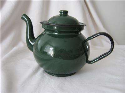 SMALL ENAMEL TEA POT..MADE IN POLAND...14cm HIGH WITH LID IN PLACE..