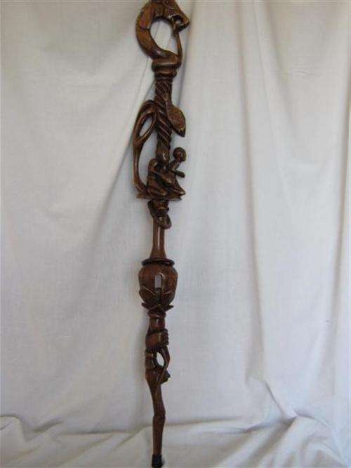 ELABORATELY HAND CARVED ETHNIC WALKING STICK..98cm LONG....A WORK OF ART...