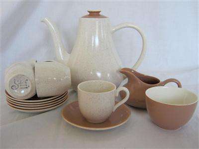 MYOTTS COFFE SET 'SAFARI' PATTERN..MADE IN ENGLAND..SPECKLED ON CREAM WITH DUSTY PINK..