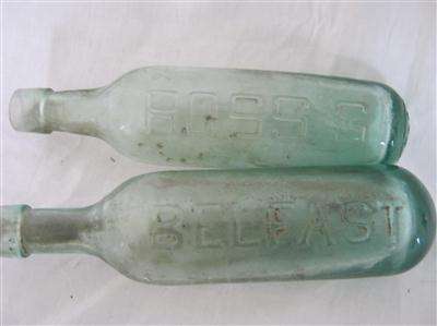 2 GREEN GLASS BOTTLES...ROSS'S BELFAST...25cm LONG..