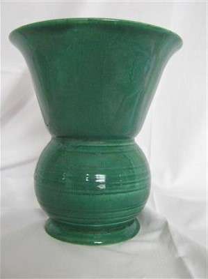 LUCIA WARE GREEN BULBOUS VASE WITH FLARED RIM  19cm HIGH.. X 17cm ACROSS THE TOP RIM MODEL No 7003