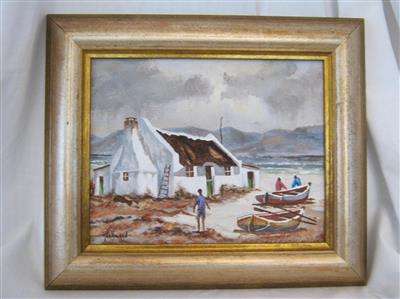 ORIGINAL OIL ON BOARD by TED HANSEN..DEPICTS THE ARNISTON AREA ON THE SOUTHERN CAPE COAST..