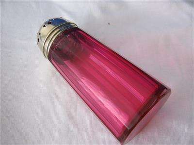 RUBY GLASS SUGAR SHAKER..14.50cm HIGH X 6.80cm ACROSS THE BASE...