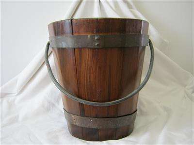 DECORATIVE WOODEN BUCKET (" BAALIE ") WITH COOPER BANDS AND COPPER  SWING HANDLE