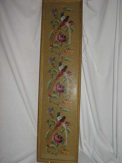 FRAMED TAPESTRY OF BIRDS AND FLOWERS BEHIND NON-REFLECTIVE GLASS