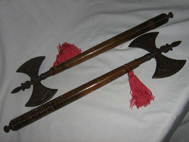 REPLICA CASTIRON DOUBLE HEADED AXES WITH WOODEN HANDLES...DRAGON MOTIF