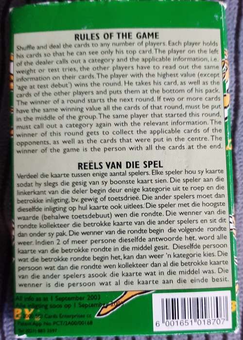 30 official 2003 Springbok Rugby collector cards
