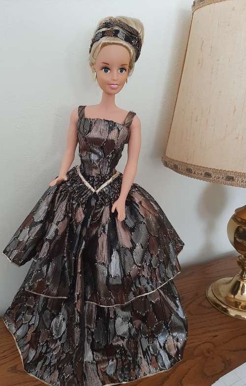 Shiny black patch flounced dress on 47cm doll