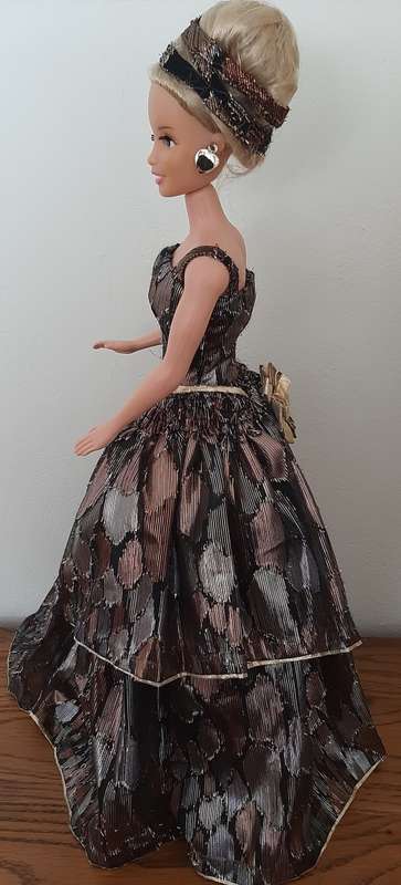 Shiny black patch flounced dress on 47cm doll