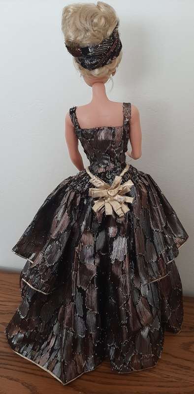 Shiny black patch flounced dress on 47cm doll