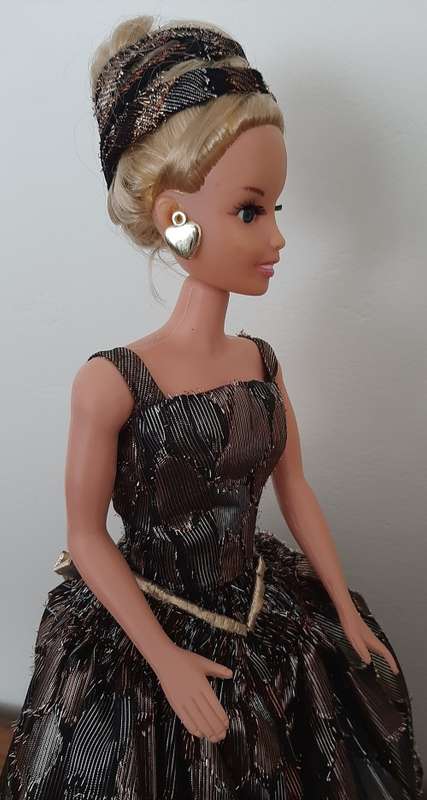 Shiny black patch flounced dress on 47cm doll