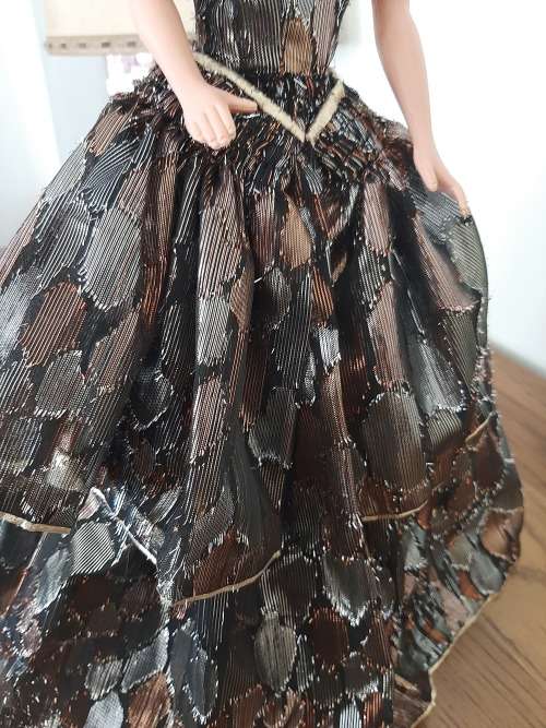 Shiny black patch flounced dress on 47cm doll