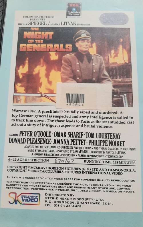 The night of the generals (vhs) - Peter O`Toole, Omar Sharif