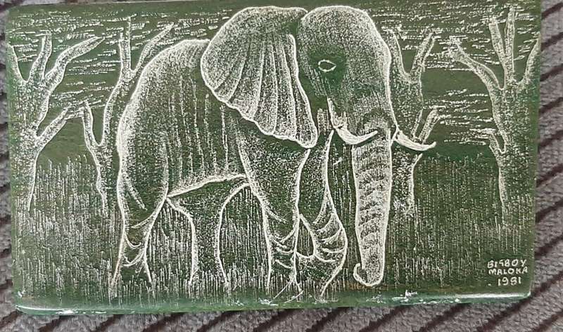 Malachite slice paperweight with elephant sketch by Bigboy Maloka