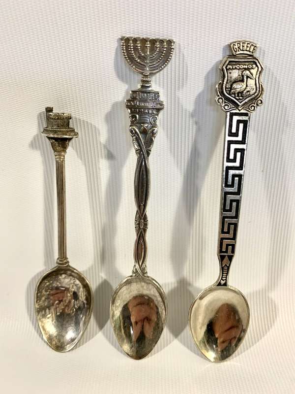 3 x Silver / Silver Plated Souvenir Teaspoons (Israel, Windsor Castle, Myconos - Greece)