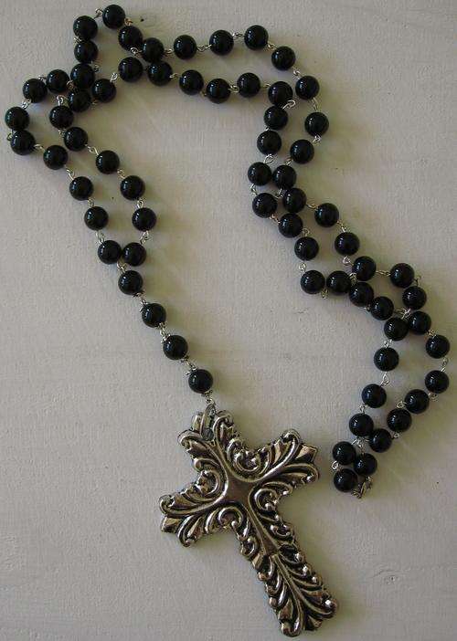 Rosary with black beads and large Tibetan Silver cross