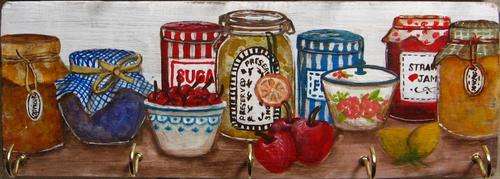 Handpainted Wooden Sign Art Wall Plaque - Jars on kitchen shelf