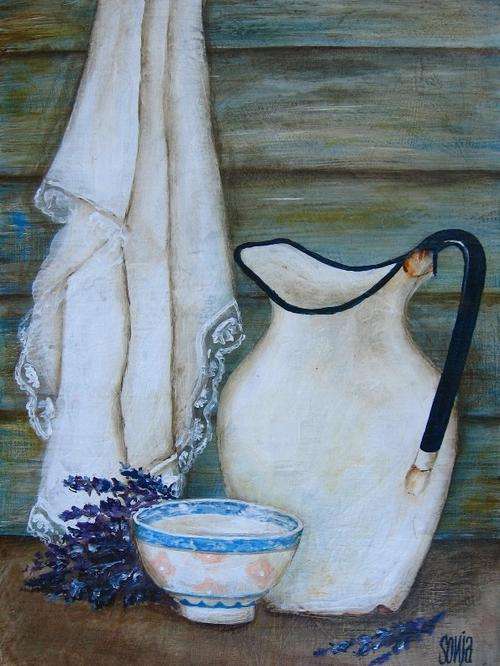 ***Akrielverf  - Stil lewe met beker en laventel - Sonja Peacock***