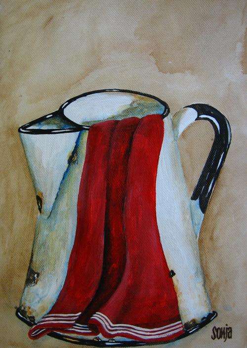***Acrylics - Jug with red kitchen towel - Sonja Peacock***