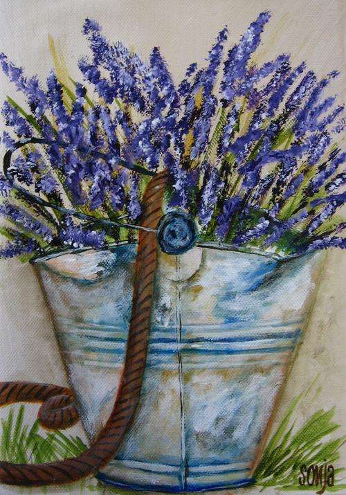 ***Acrylics - Lavender in old bucket - Sonja Peacock***