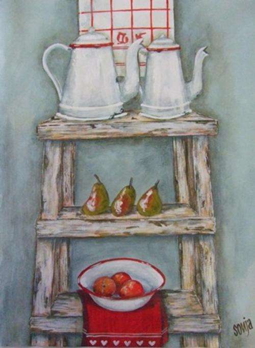 ***Acrylics - Enamelware Still life on ladder - Sonja Peacock***
